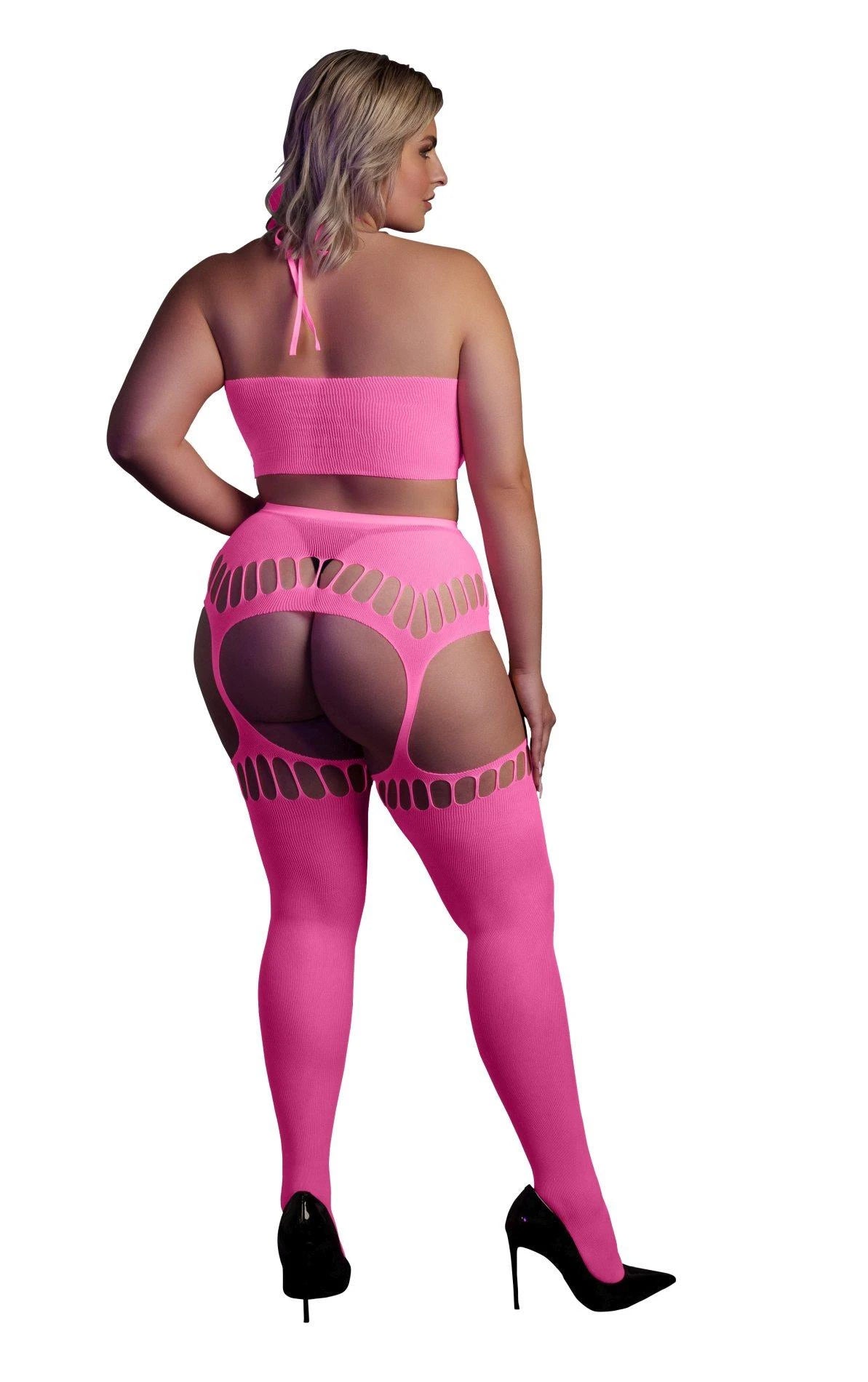 Two Piece with Crop Top and Stockings - Plus Size - Neon Pink