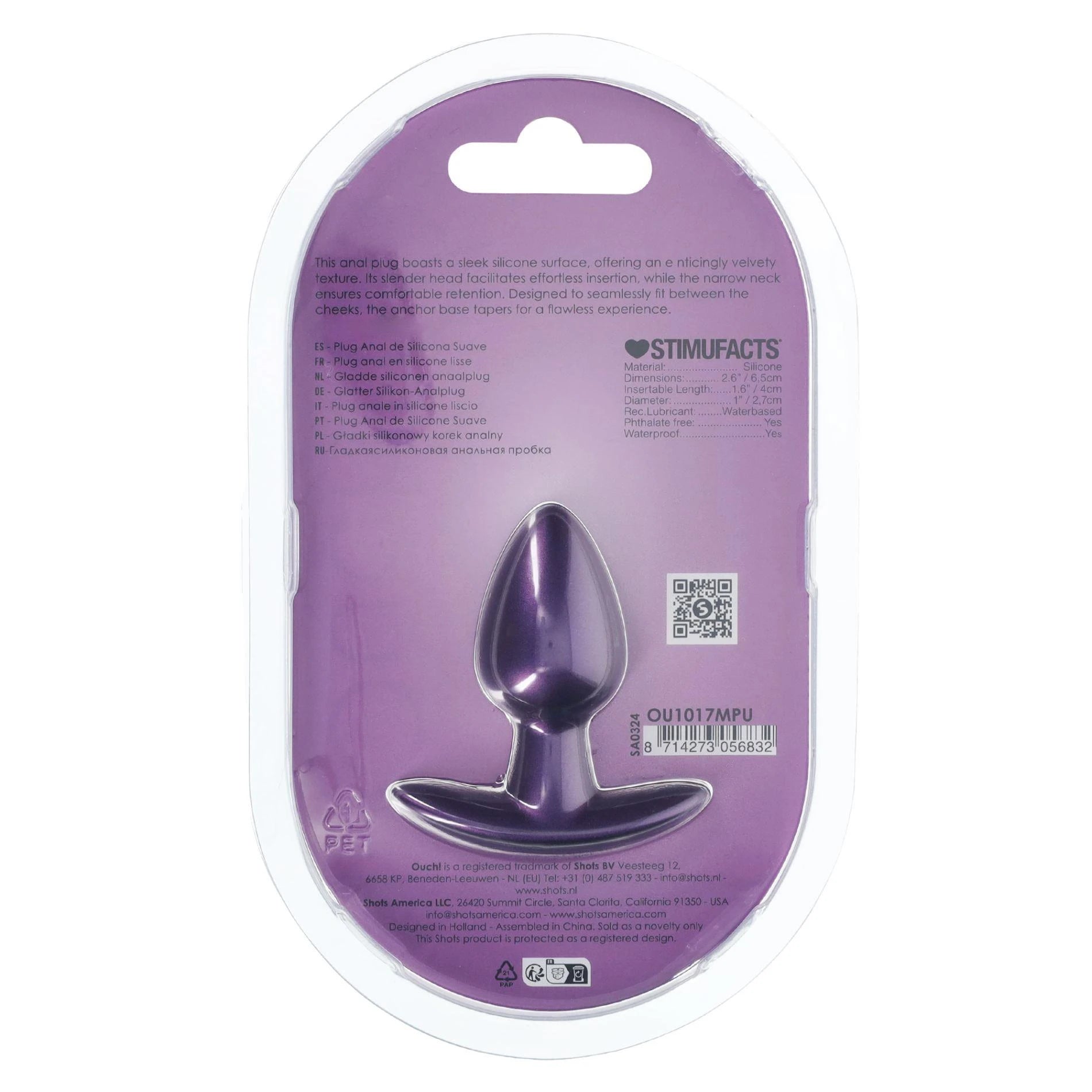 Plug anal en silicone lisse - Petit - 2,6 / 6,5 cm - Violet métallisé