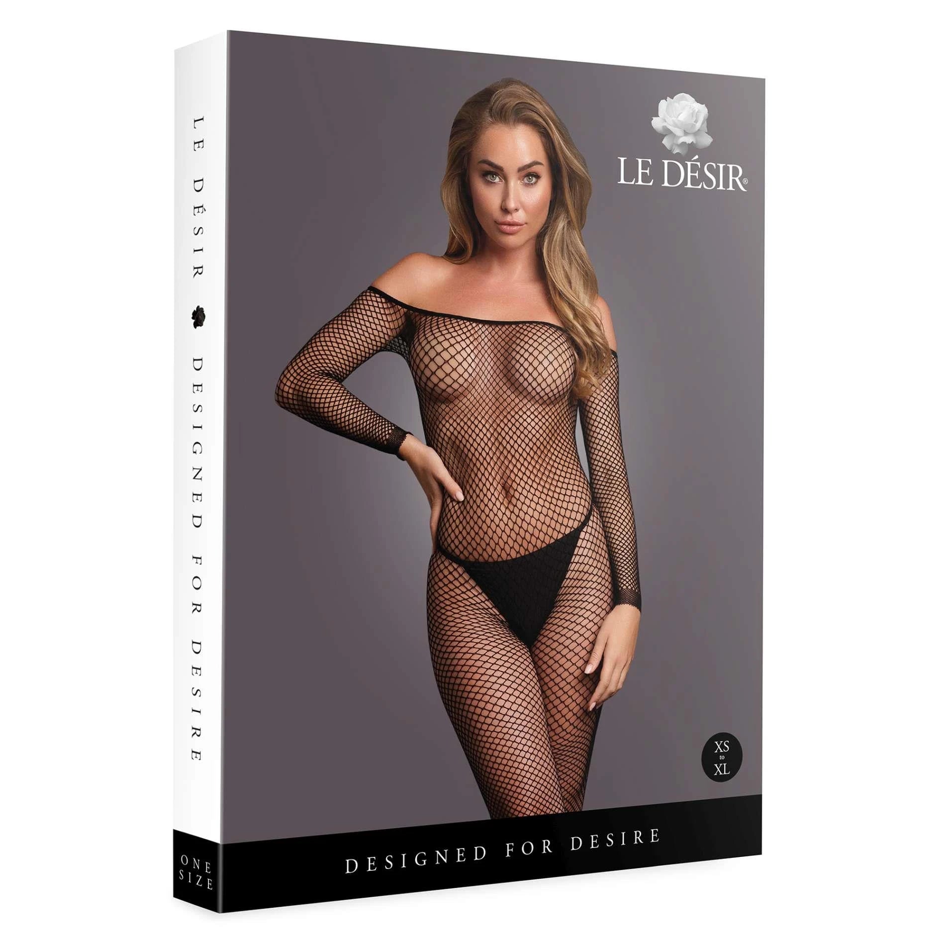 Bodystocking with off-shoulder neckline, fishnet structure, and open crotch.