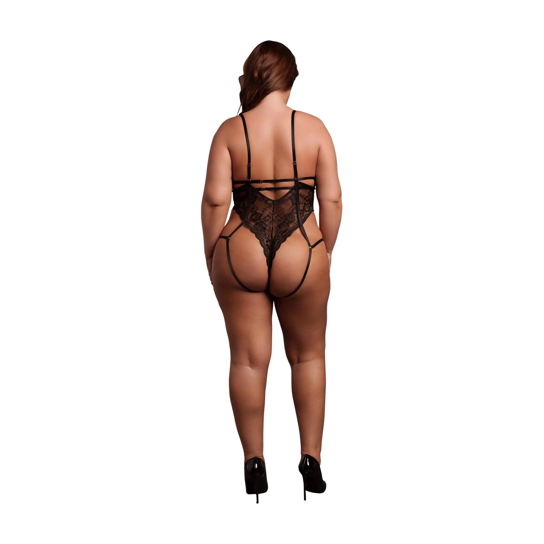 Lace Underwired Open Cup Bodysuit with Adjustable Sliders - Queen Size - Black