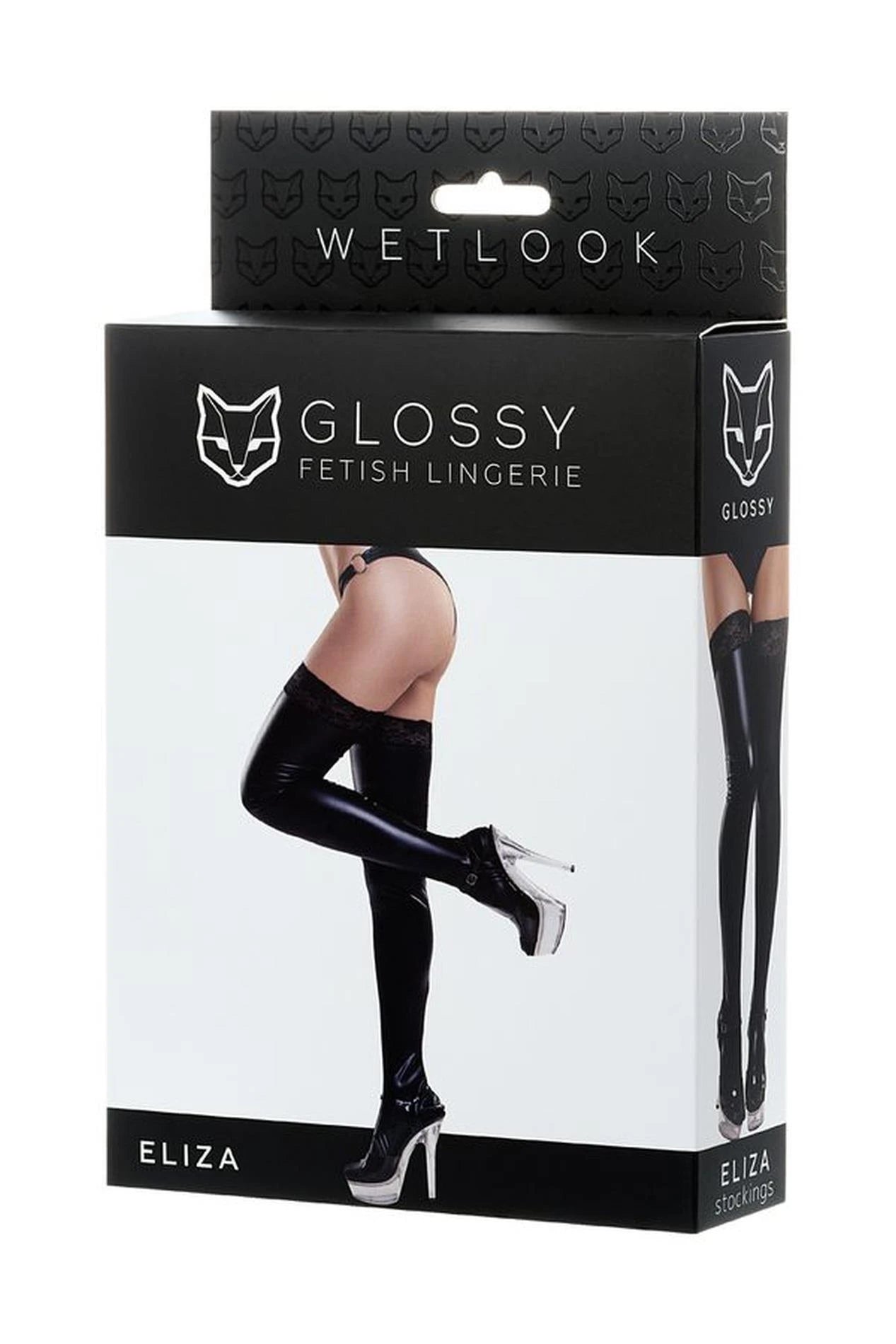 Glossy Shiny Wetlook stockings with lace ELIZA - black S