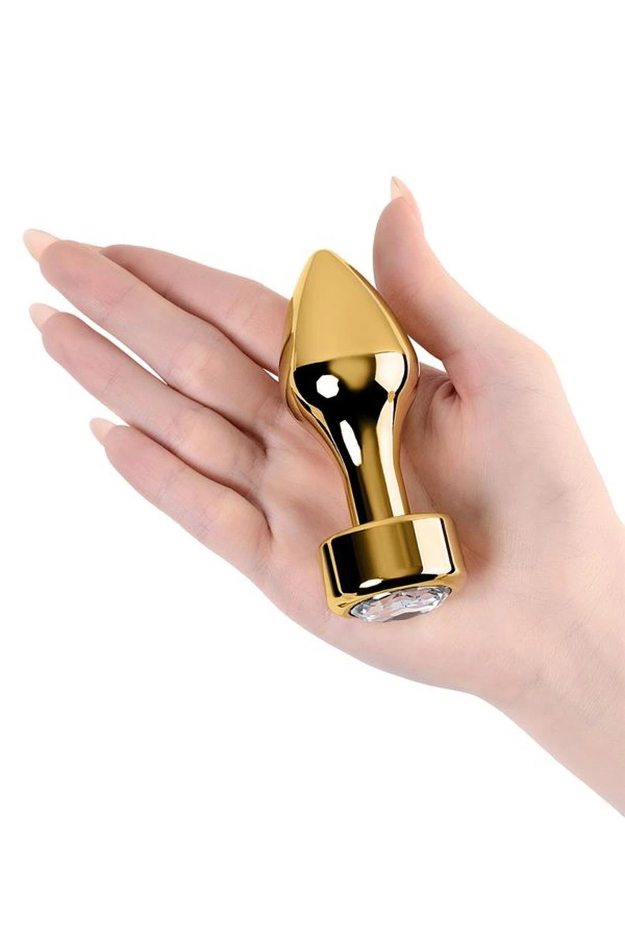 Gold anal plug TOYFA Metal with white round-shaped gem , length 7 cm, diameter 2-3.5 cm, weight 140 gr