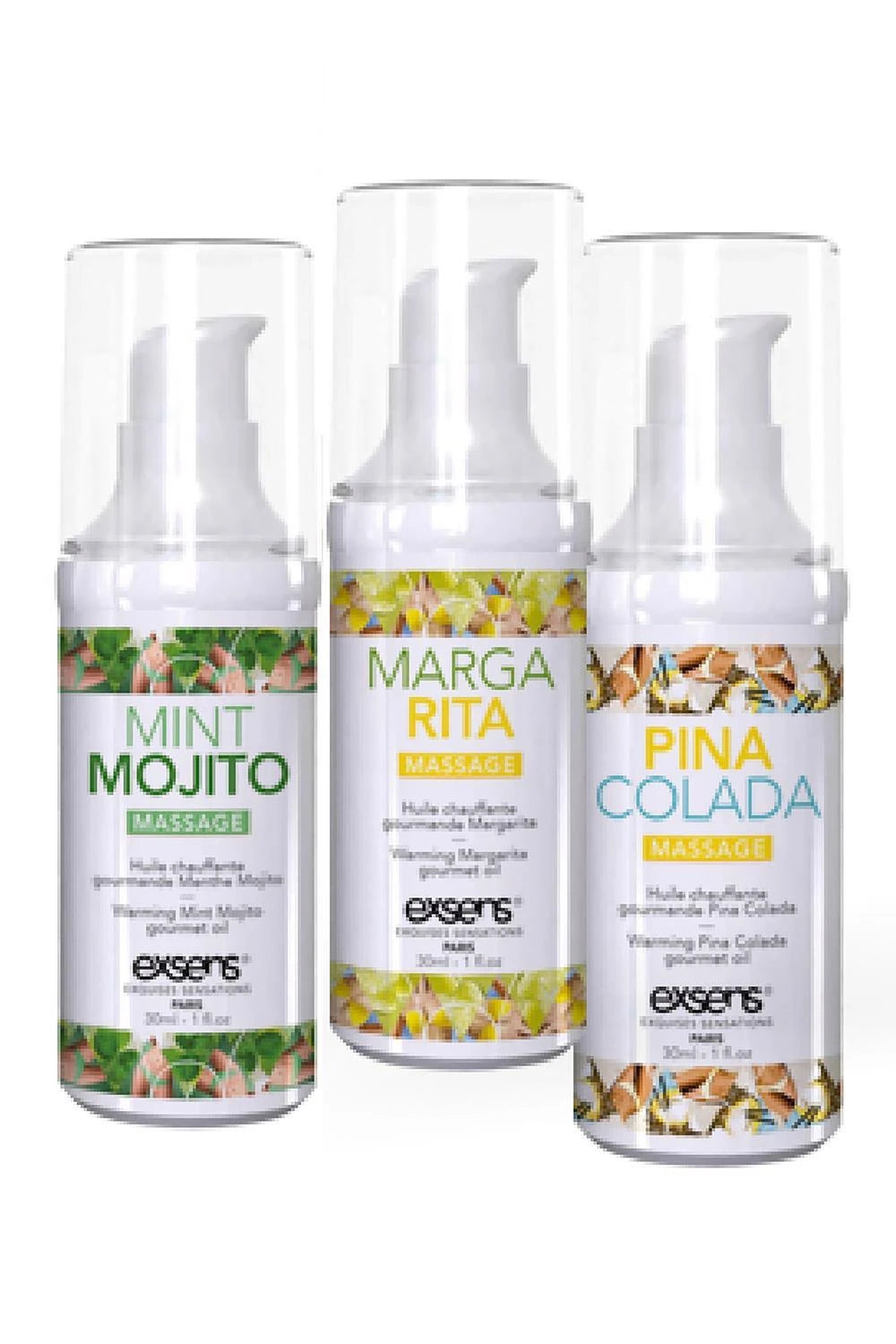 LET'S CELEBRATE! Warming gourmet massage  oils (Mint Mojito, Margarita, Pina Colada) 3 x 30ml