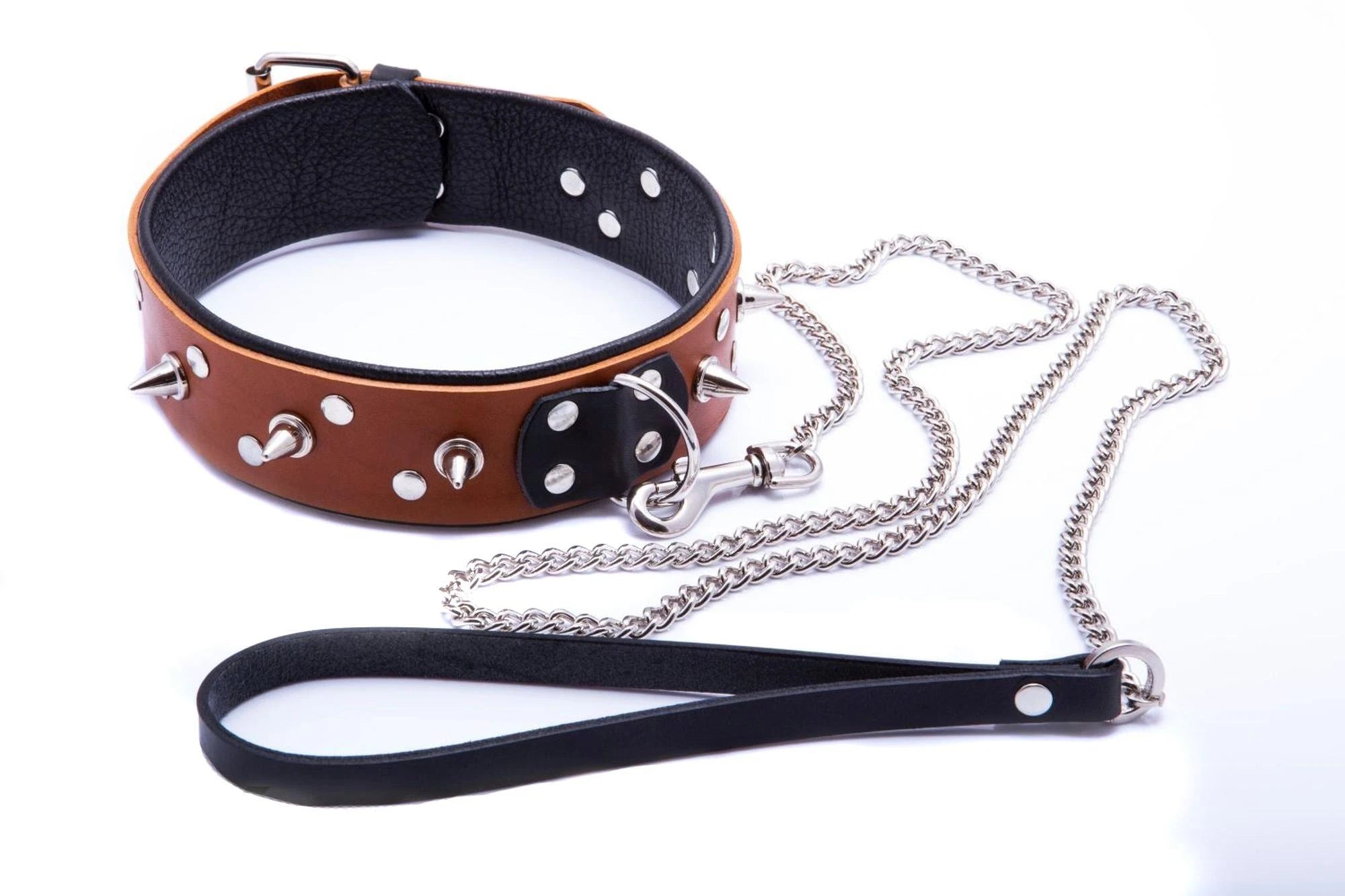 Collier de serrage en cuir fouet avec laisse pour homme, cognac
