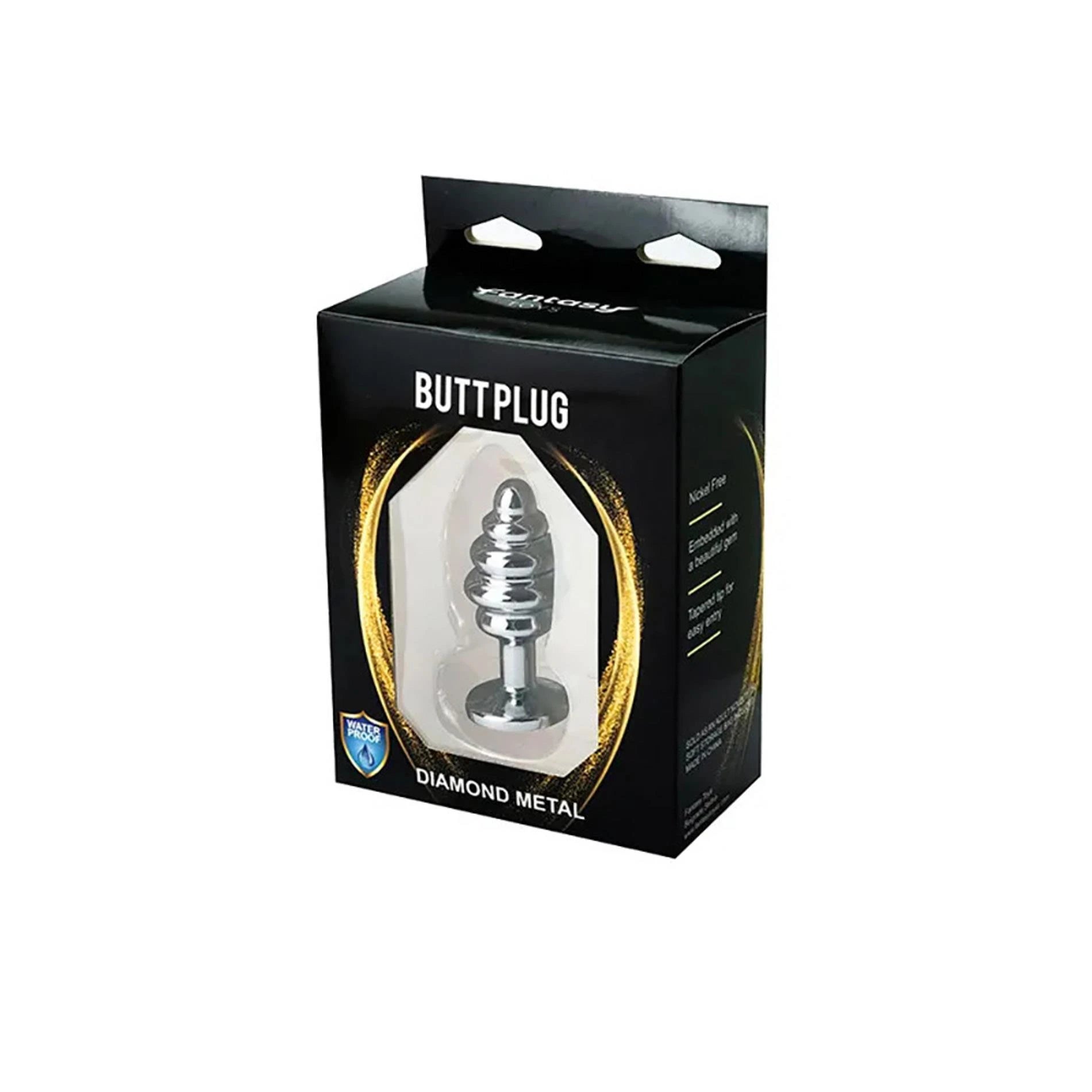 Silver small ribbed butt plug with white crystal