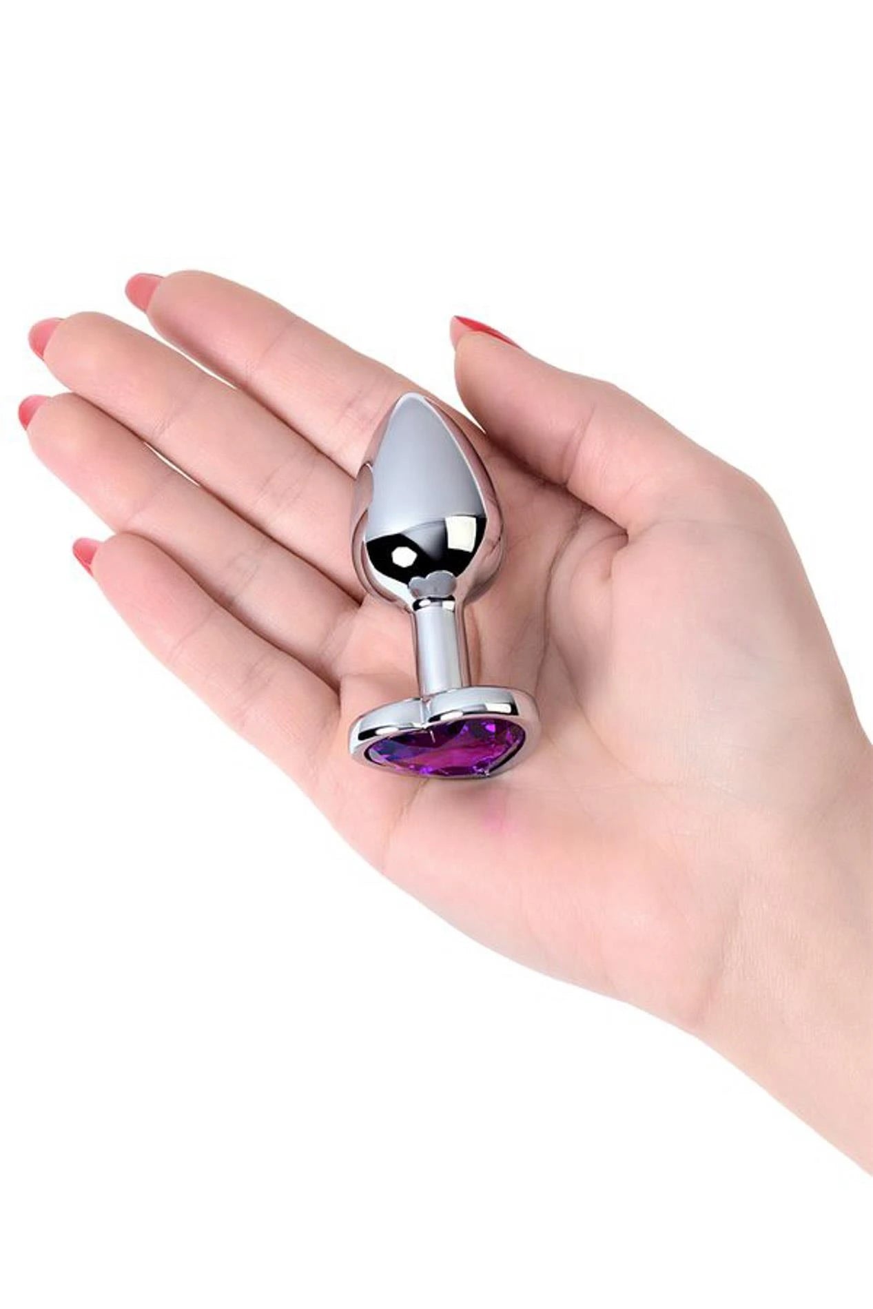 Silver anal plug with purple heart-shaped gem