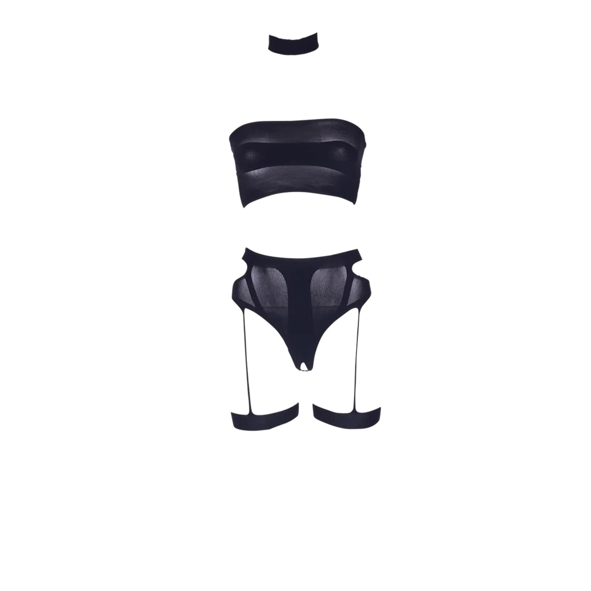 Ananke XII - Three Piece with Choker Bandeau Top and Pantie with Garters - One Size - Black