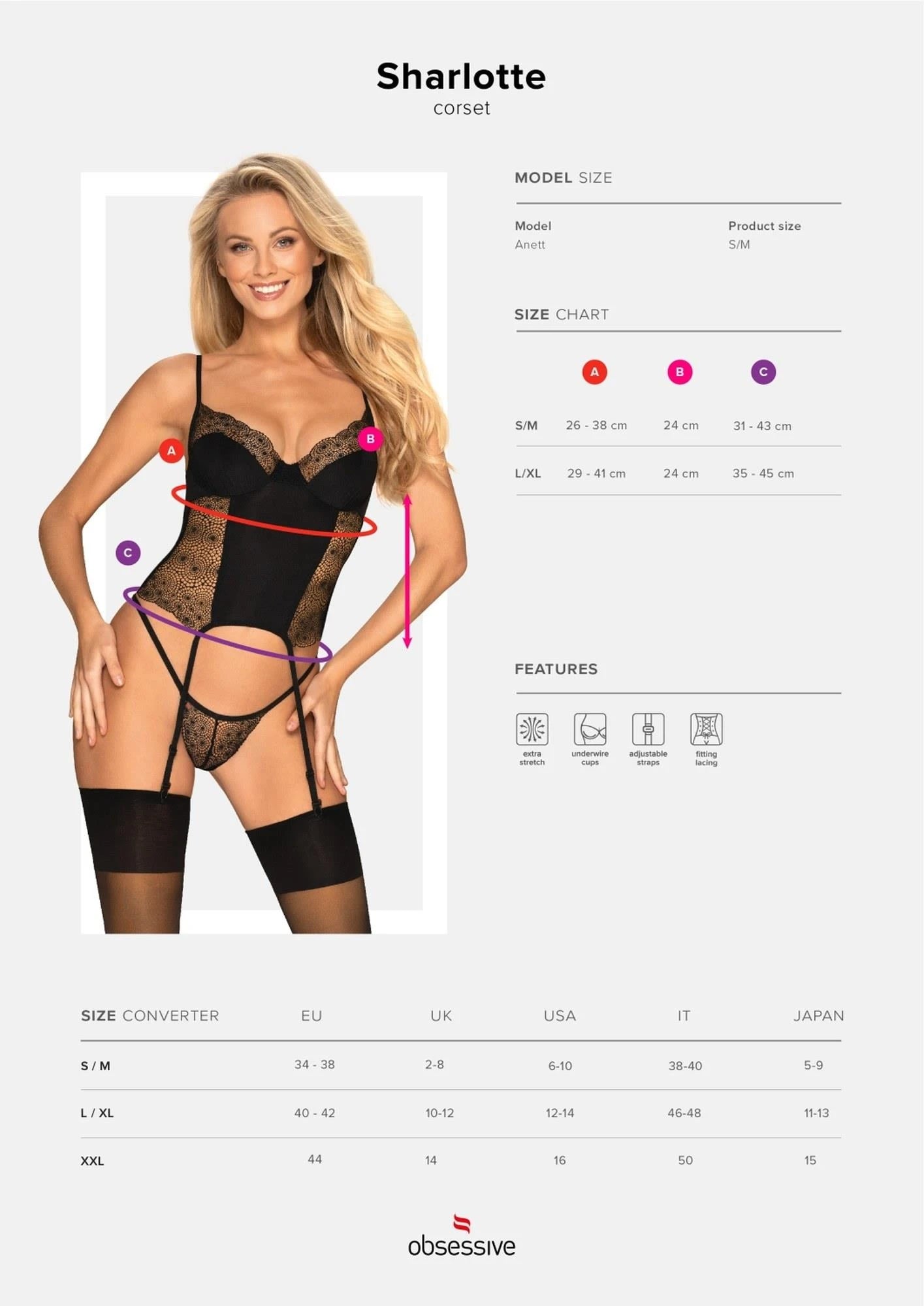 Lingerie-Sharlotte corset and thong black S/M