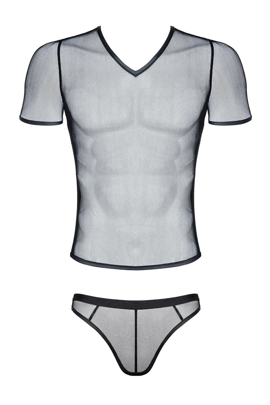 men's elastic mesh set: V-neck t-shirt, thong XL