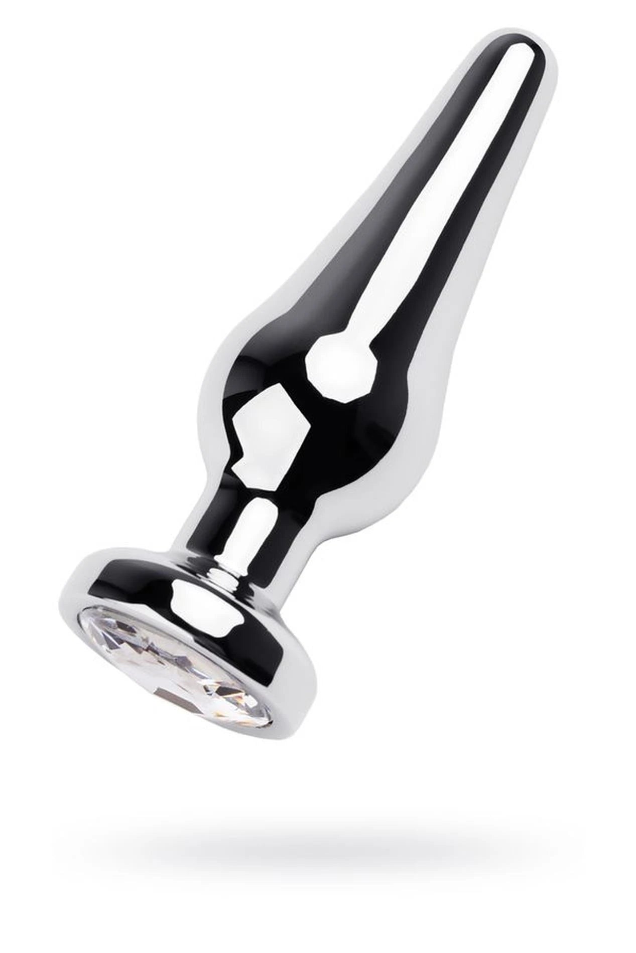 TOYFA Metal silver anal plug with white round-shaped gem, length 9 cm, diameter 1.5-4 cm, weight 205 gr
