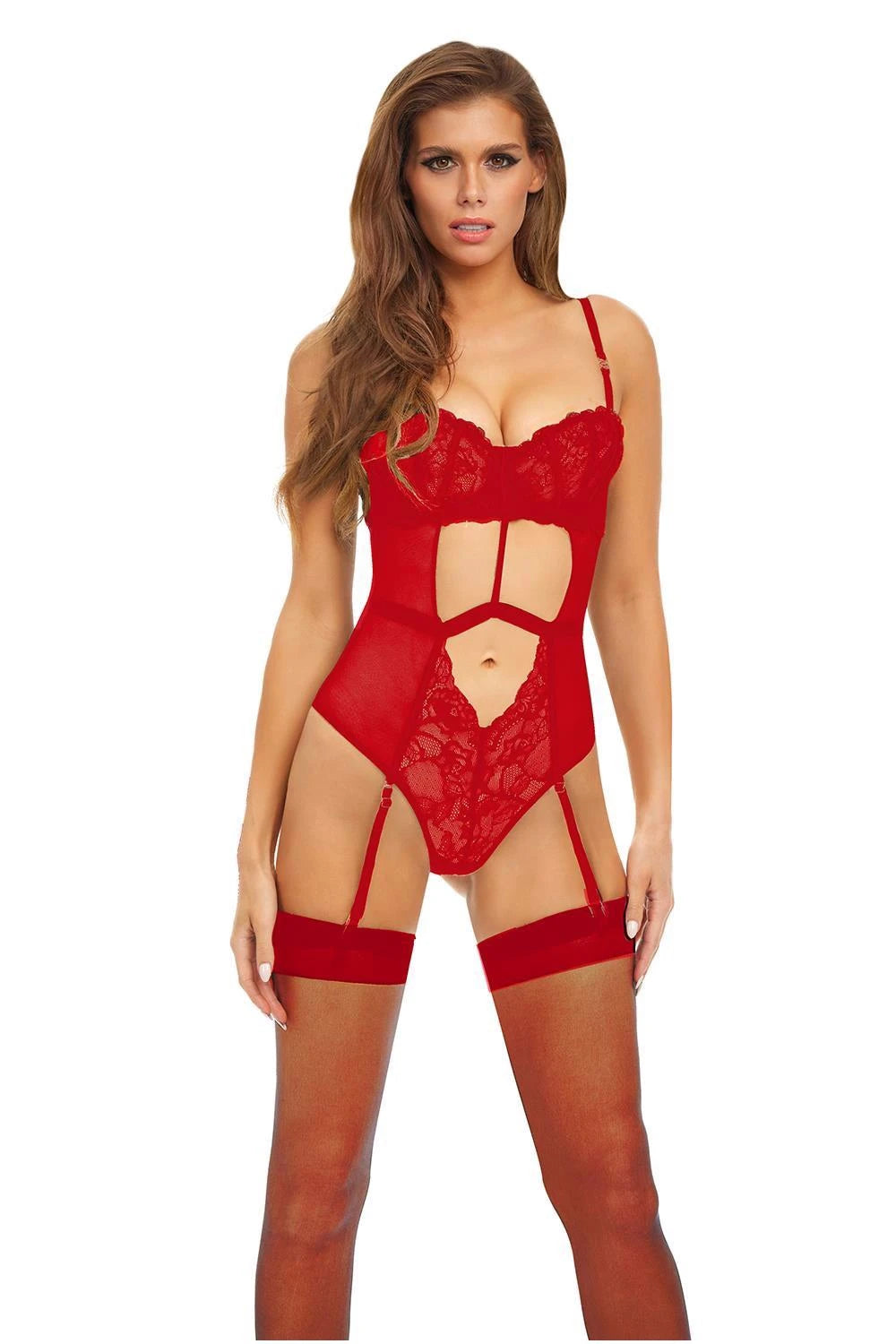 BOMBSHELL BOUDOIR STRAP OVERLAY TEDDY RED, L