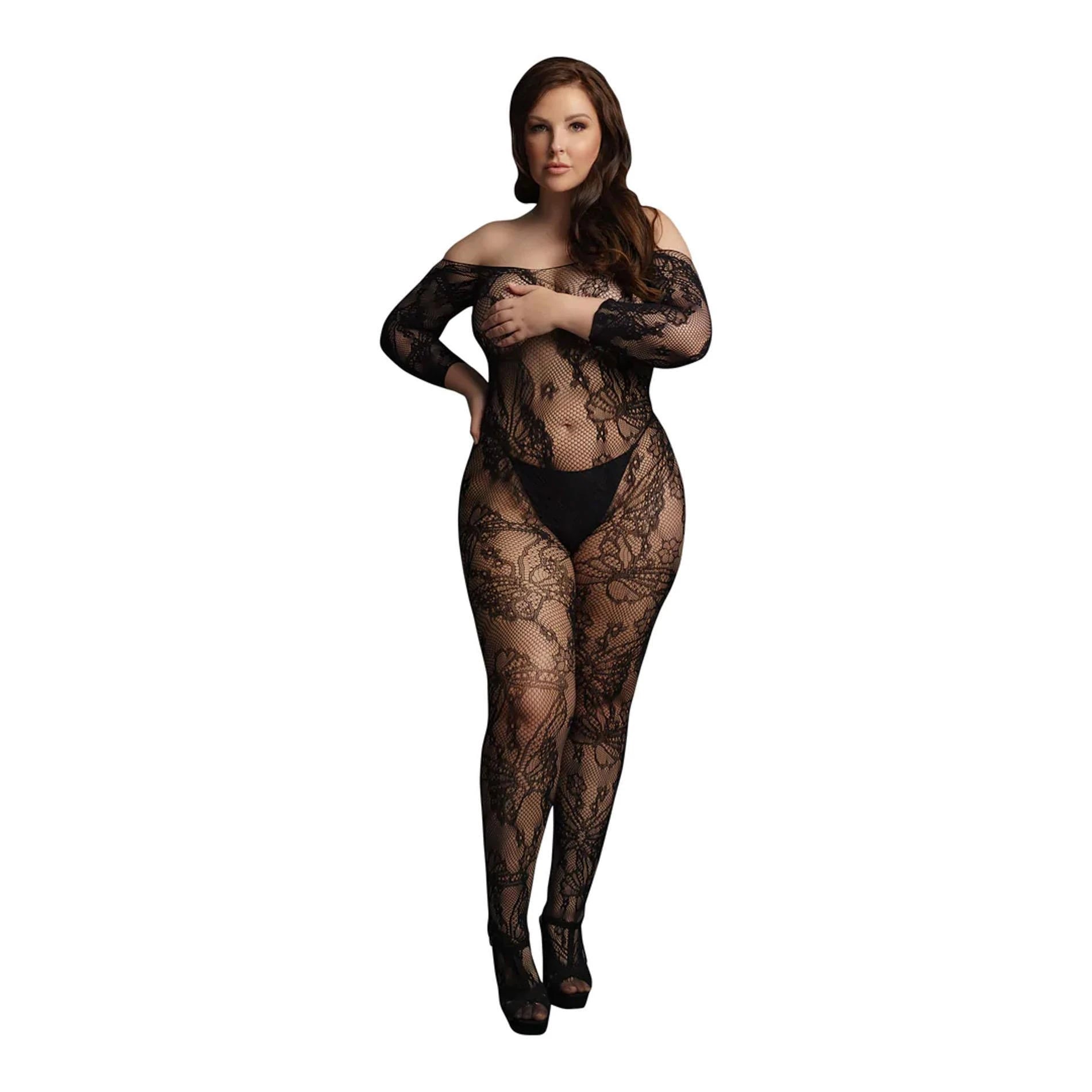 Lace Sleeved Bodystocking - Queen Size - Black