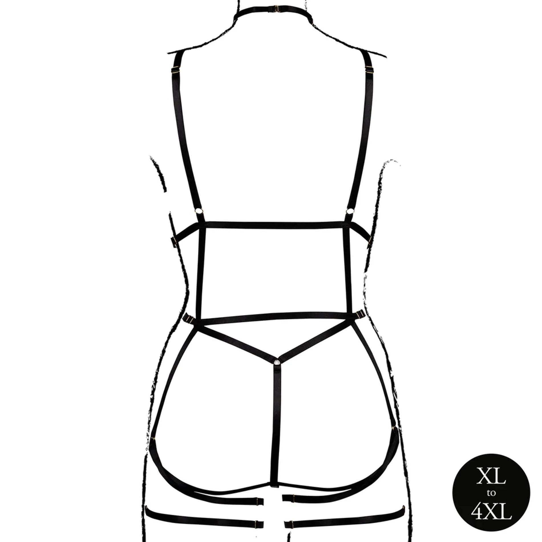 Strappy Open Cup Body Harness with Garters - Queen Size - Black