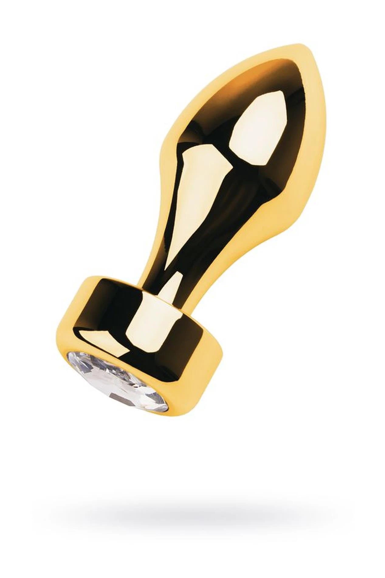 Gold anal plug TOYFA Metal with white round-shaped gem , length 7 cm, diameter 2-3.5 cm, weight 140 gr