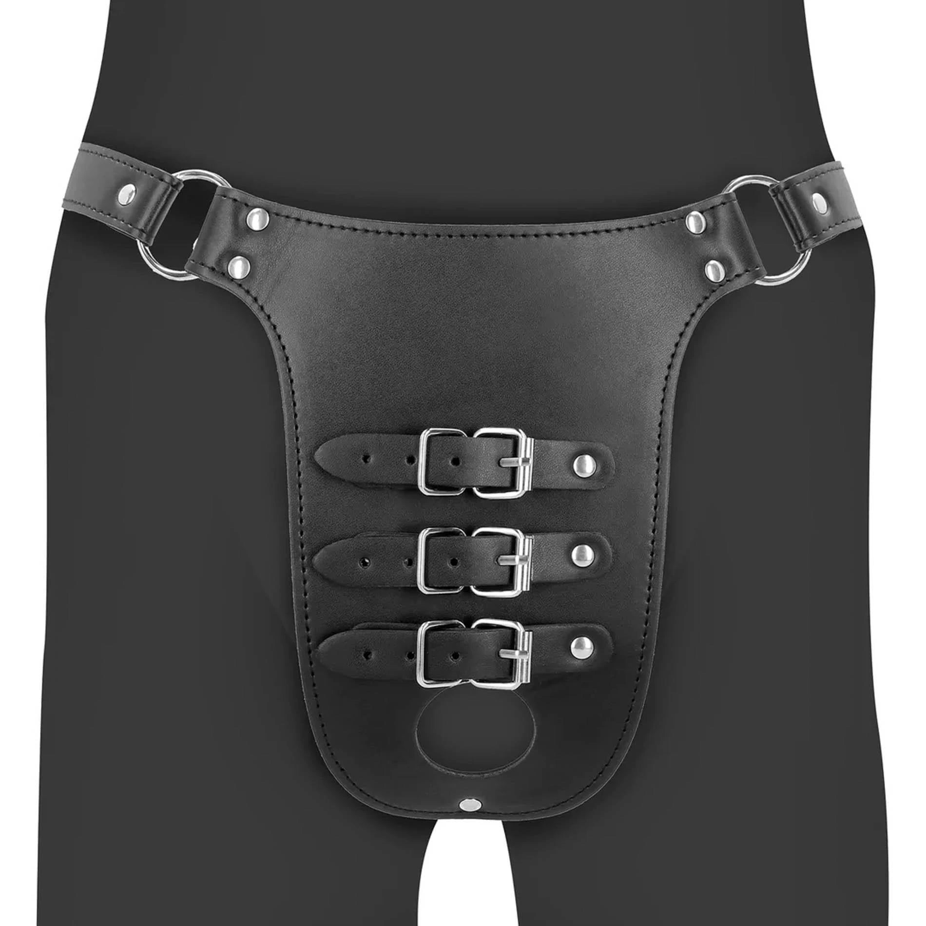 Ceinture de chasteté en cuir synthétique avec sangles - Noir