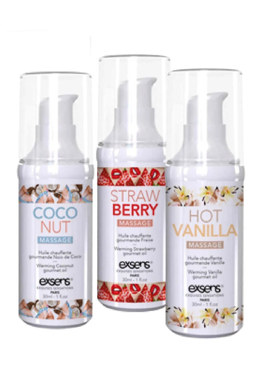 LET'S TRAVEL! Warming gourmet massage  oils (Strawberry, Hot Vanilla, Coconut) 3 x 30ml