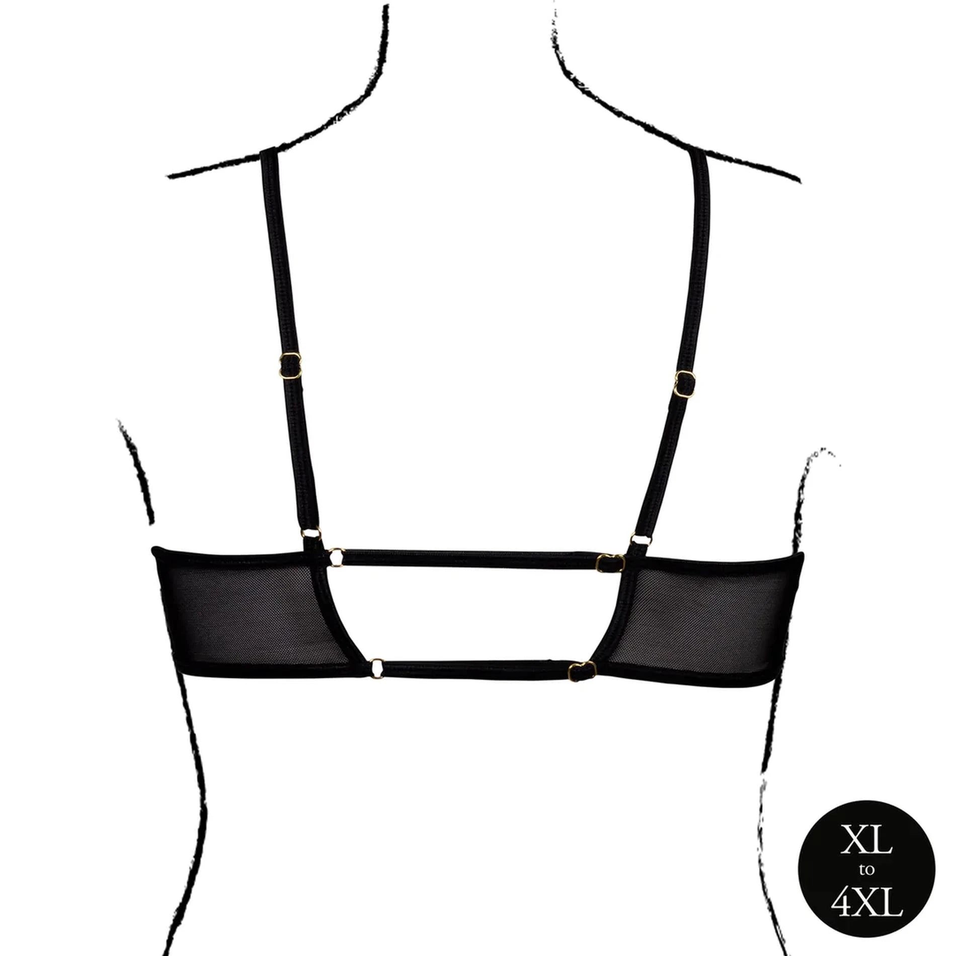 Soutien-gorge en résille découpé à bretelles doubles au dos et réglettes ajustables - Grande taille - Noir