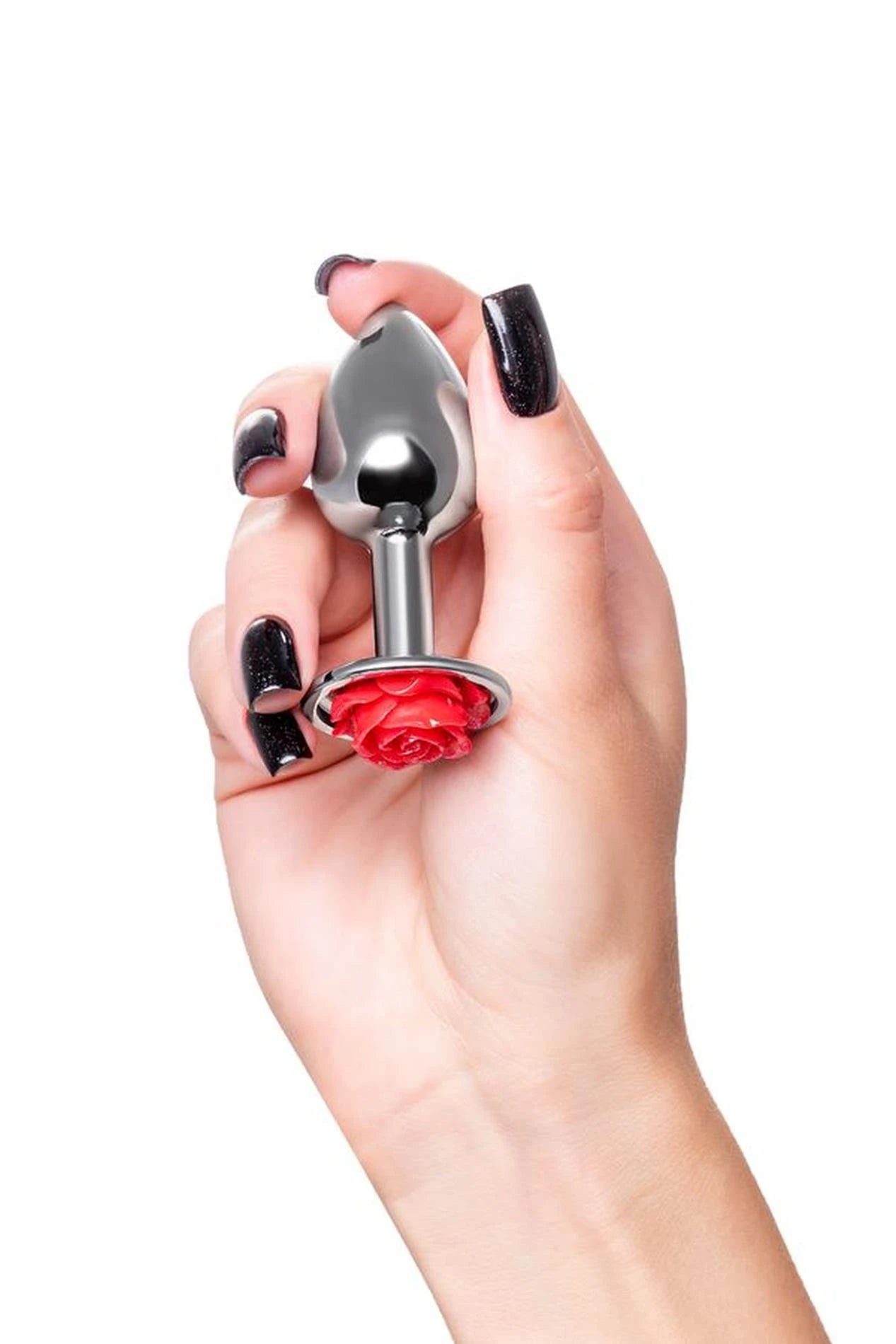 Butt plug en métal de TOYFA, métal, argenté avec rose rouge, 8 cm, Ø 2,7 cm, 48 g