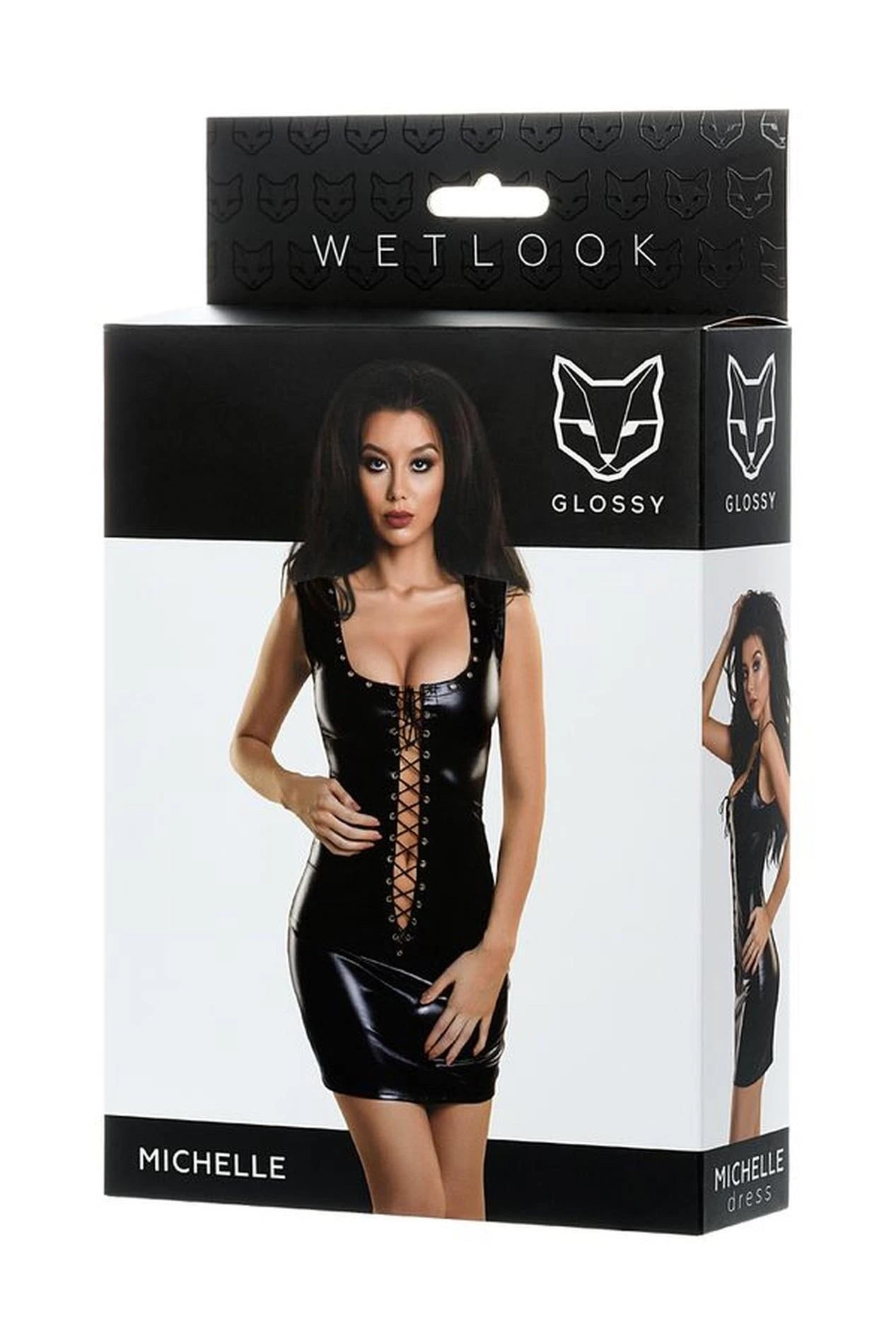 Robe MICHELLE brillante aspect mouillé avec dentelle - noire XL