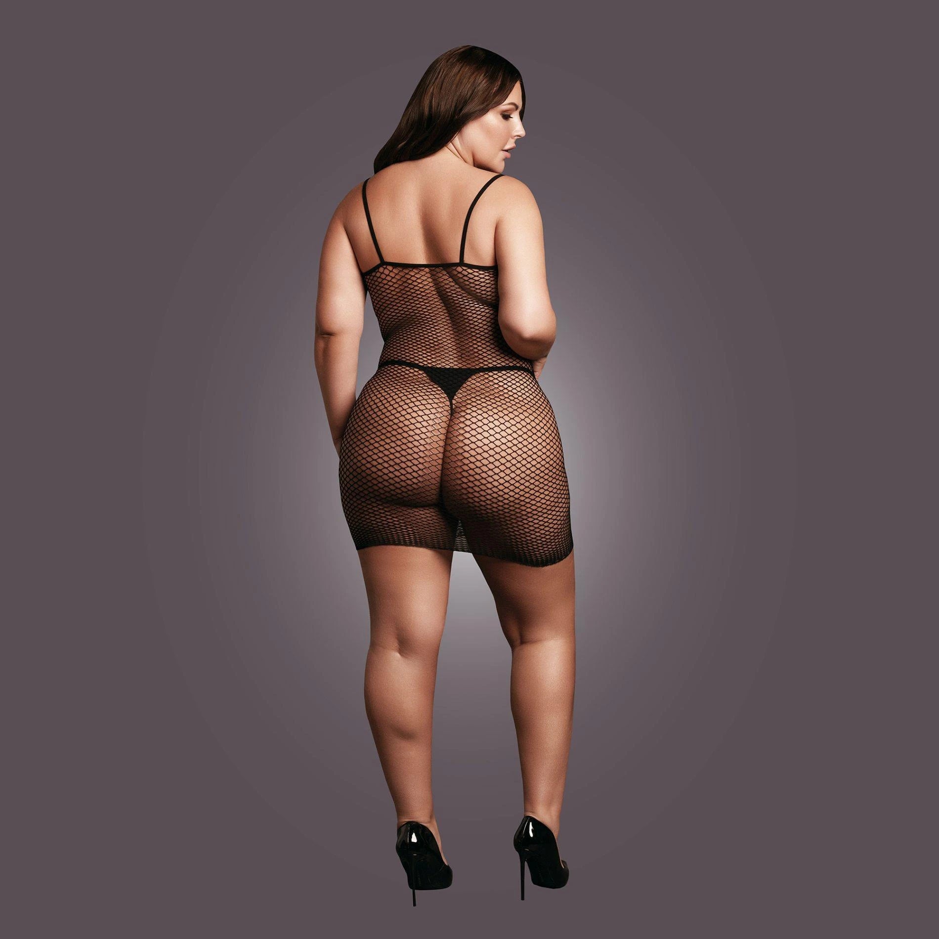 Mini dress with fishnet structure and spaghetti straps