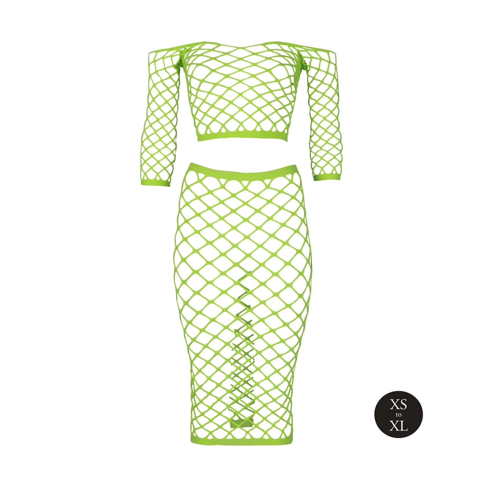 Long Sleeve Crop Top and Long Skirt - One Size - Neon Green