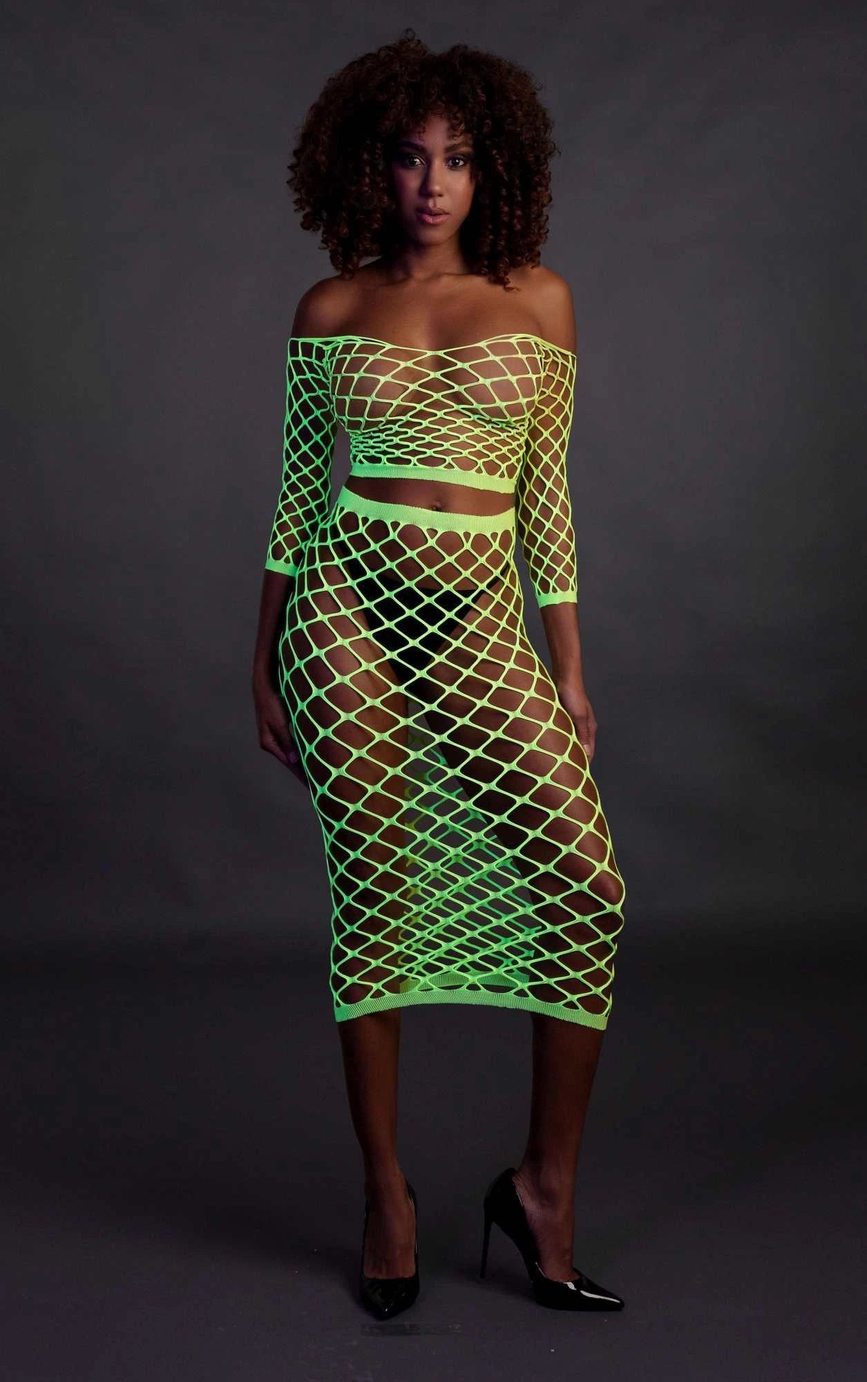 Long Sleeve Crop Top and Long Skirt - One Size - Neon Green