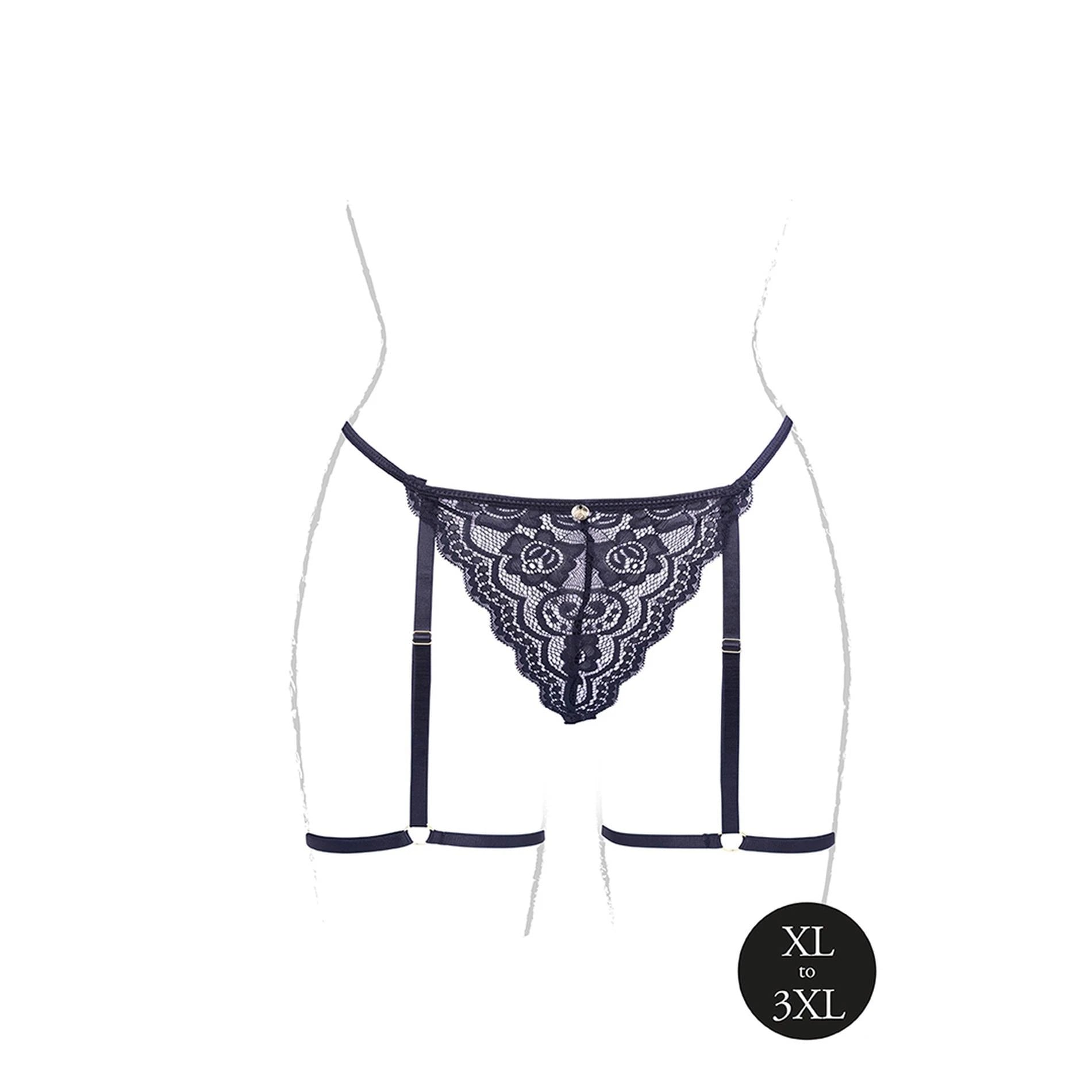Marie - Lace Thong with Garter Adjustable Sliders and Golden Details - Queen Size - Black