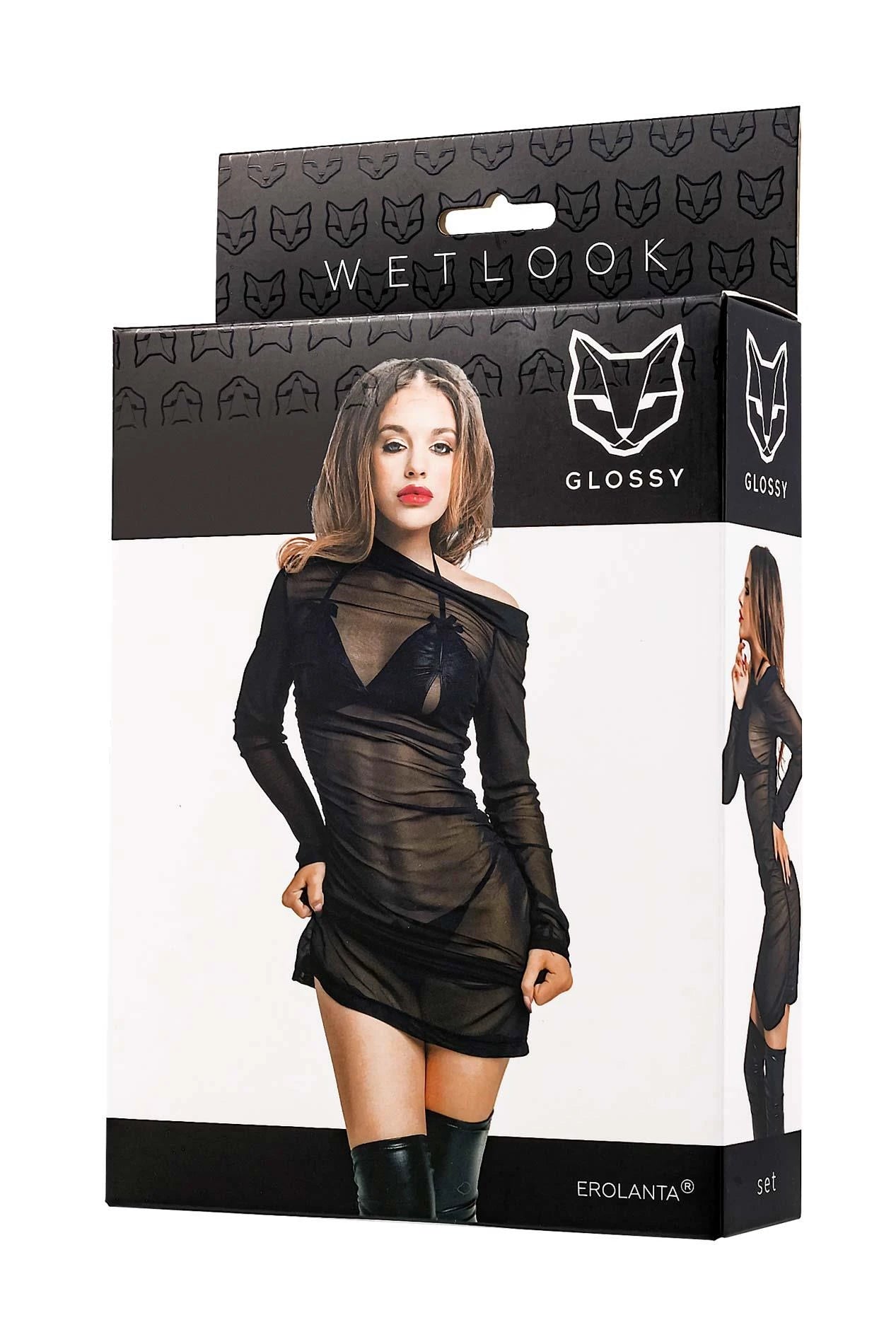 Glossy Sheril, set (dress, bra + panties), wetlook, black, XL