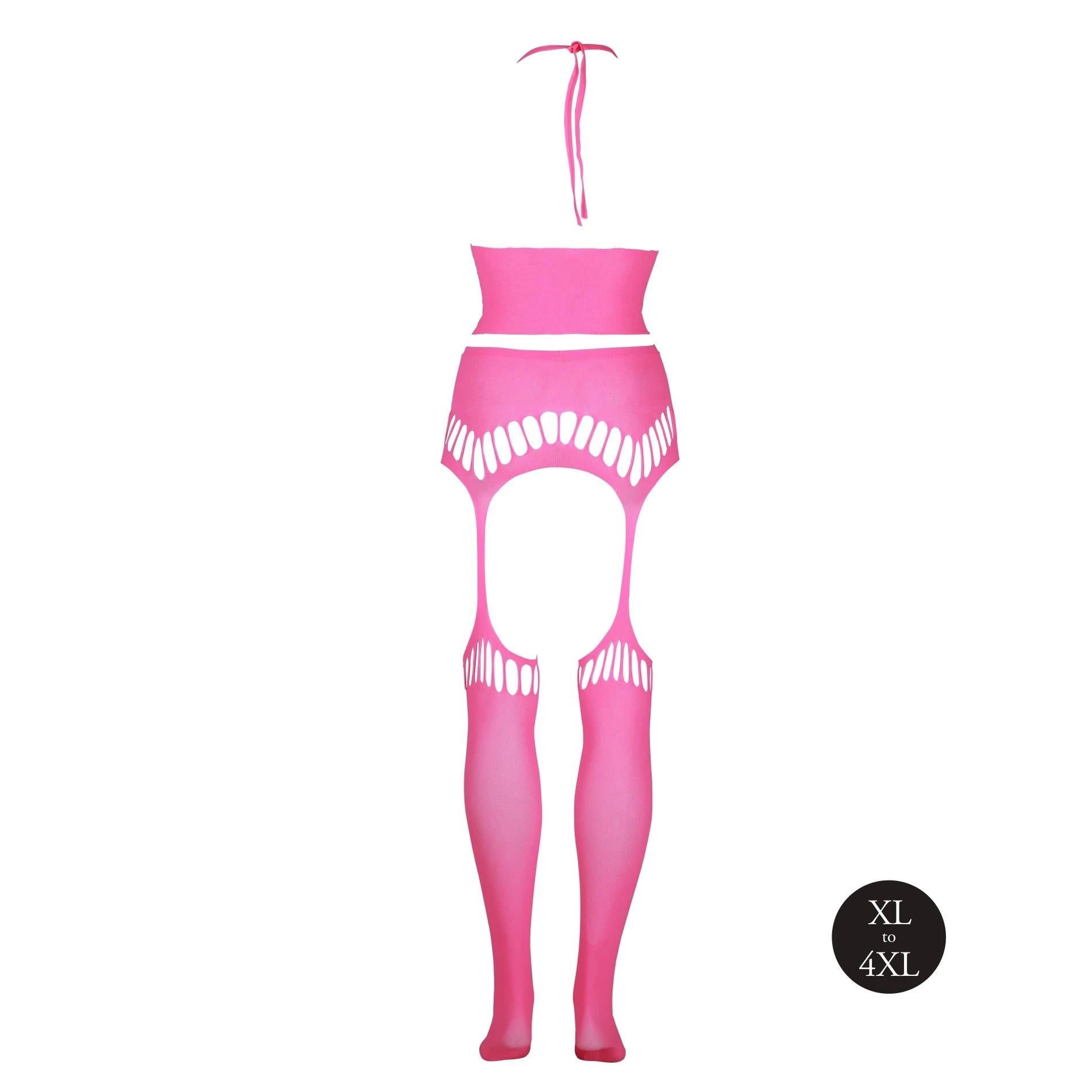 Two Piece with Crop Top and Stockings - Plus Size - Neon Pink