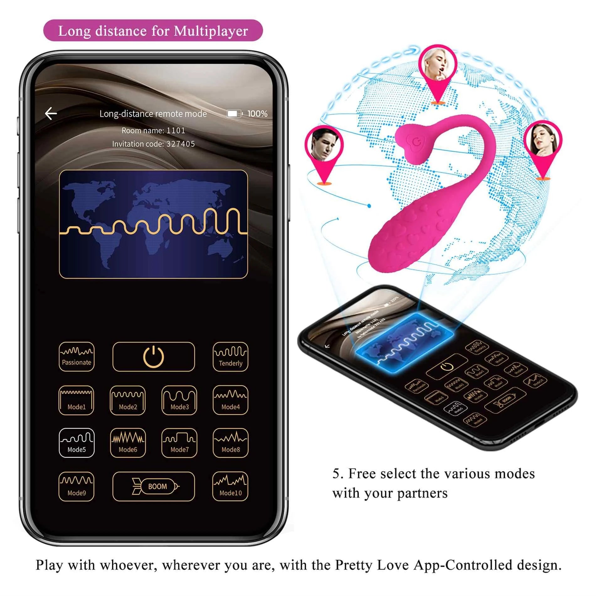 PRETTY LOVE - Fisherman Pink, 12 fonctions de vibration télécommande via application mobile