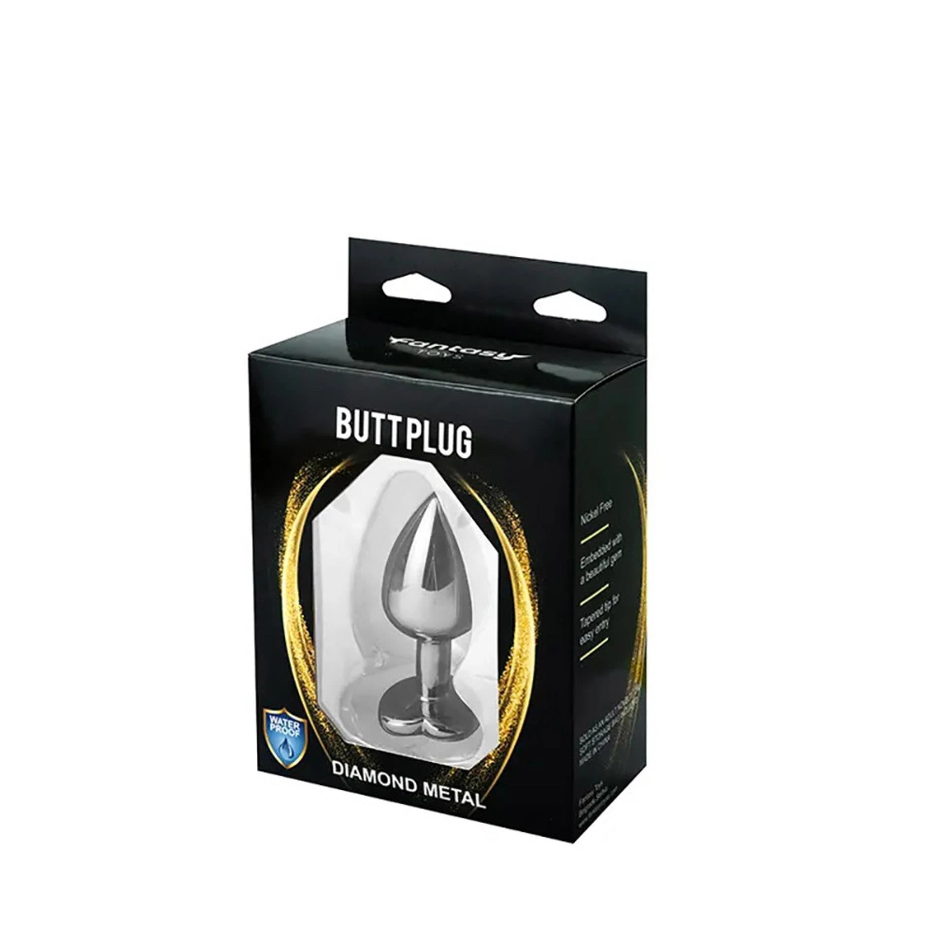 Silver medium heart-shaped butt plug with black crystal