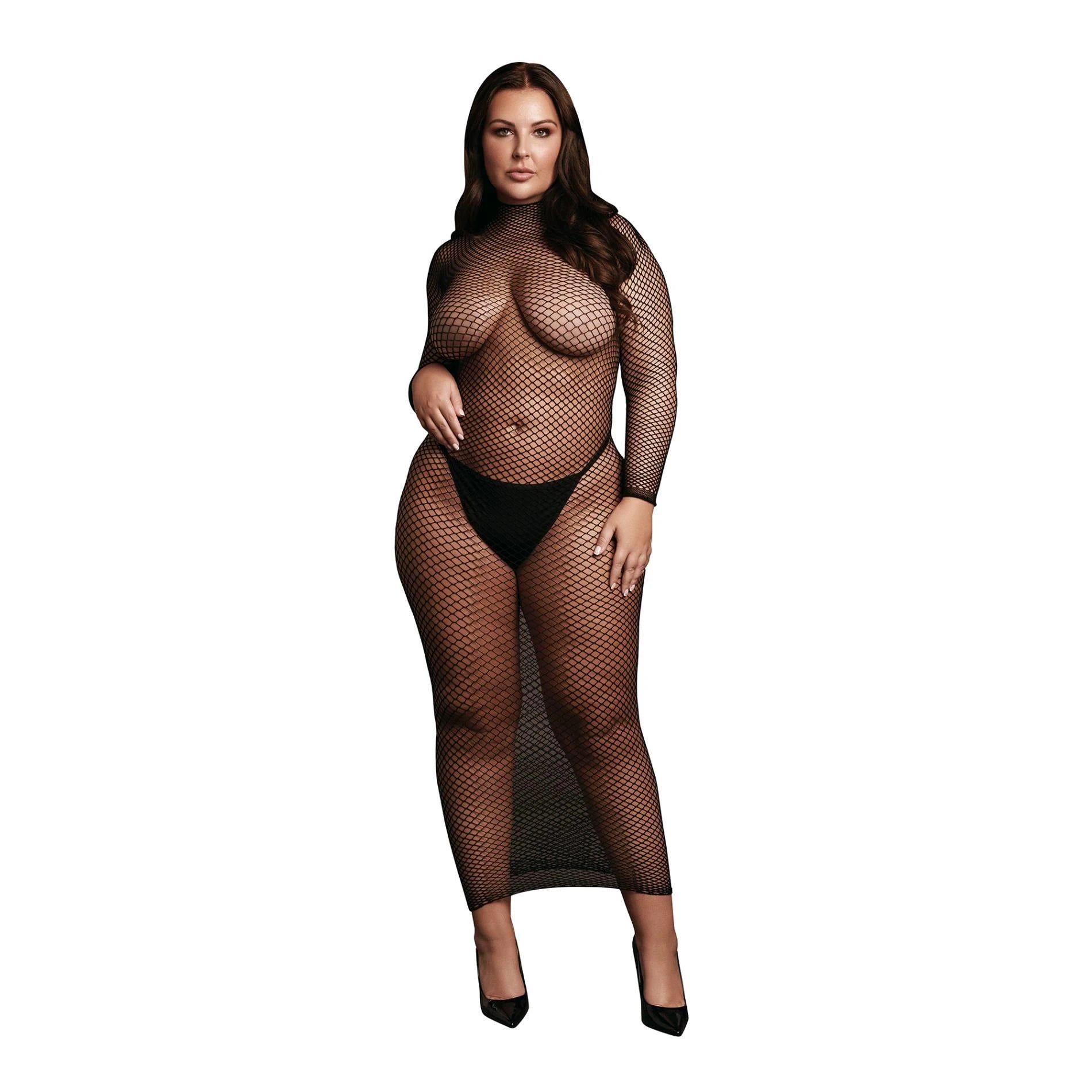 Long dress with a fishnet structure and turtleneck.