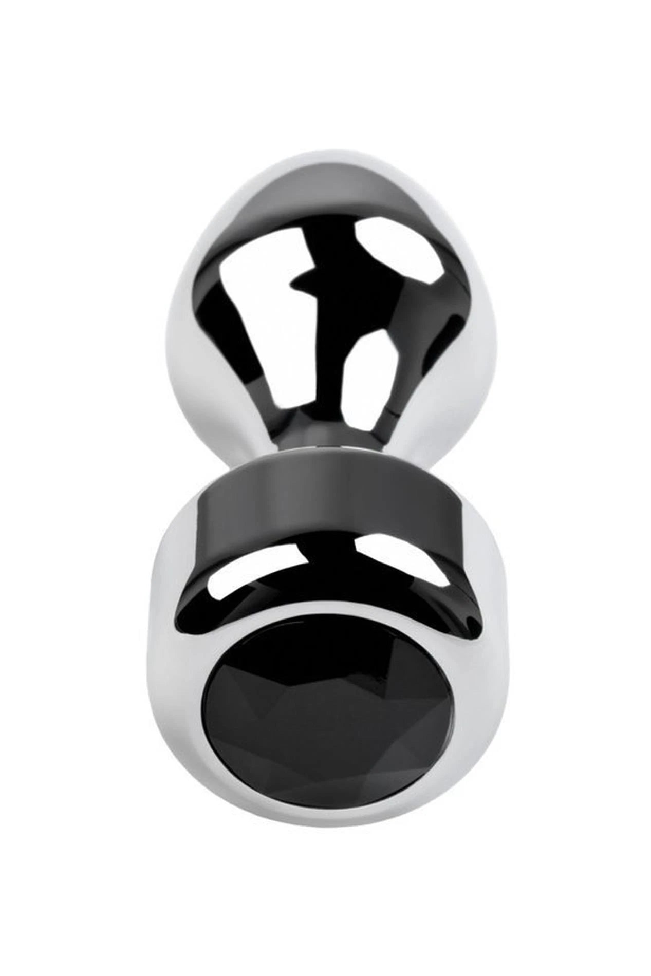 Silver anal plug TOYFA Metal with black round-shaped gem, length 8,2 cm, diameter 2.5-3,8 cm, weight 210 gr
